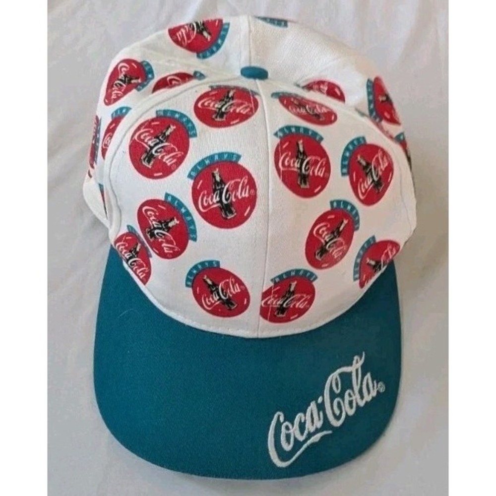 Vintage 90s Always Coca Cola Snapback Hat All Over Print AOP Teal Bill Promo Cap